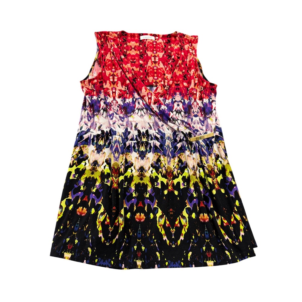 Calvin Klein Faux Wrap Blouse Womens M Multicolor Abstract V-Neck Gold Hardware